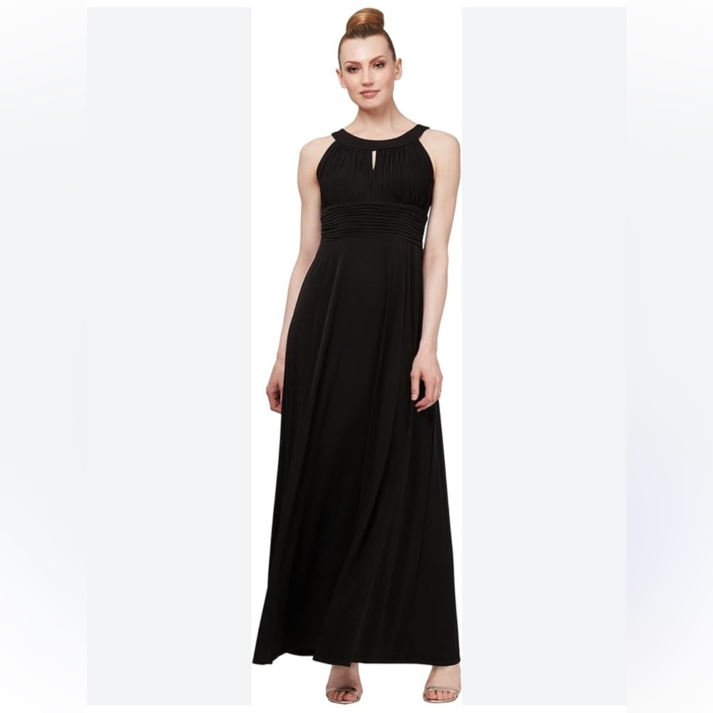 Sangria Black High Neck Formal Maxi Dress With Ruching Waist